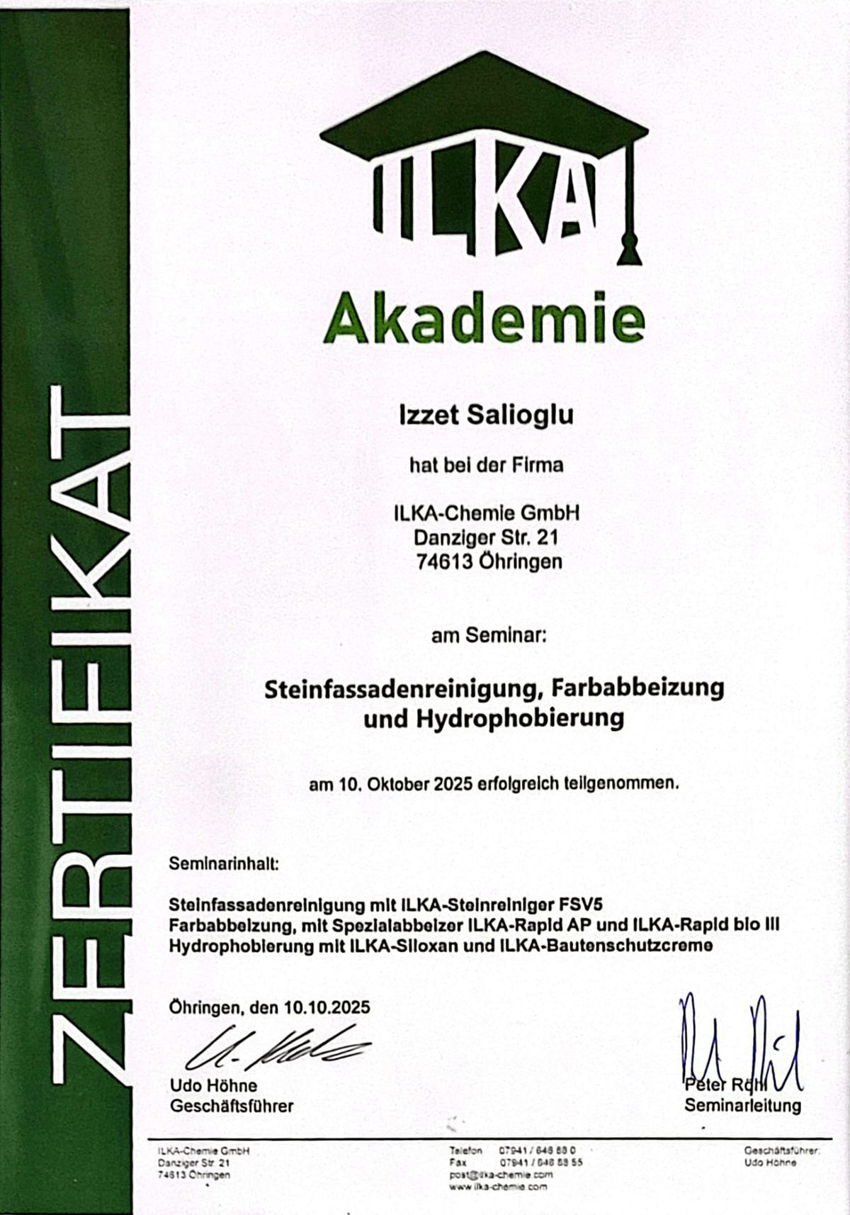 Zertifikat: Steinfassadenreinigung von ILKA Akademie