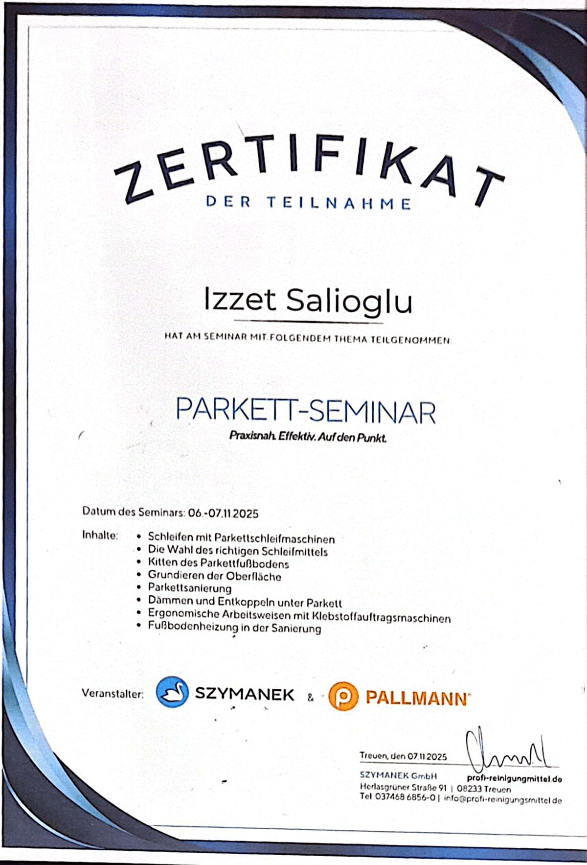 Zertifikat: Parkett-Seminar von SZYMANEK & PALLMANN