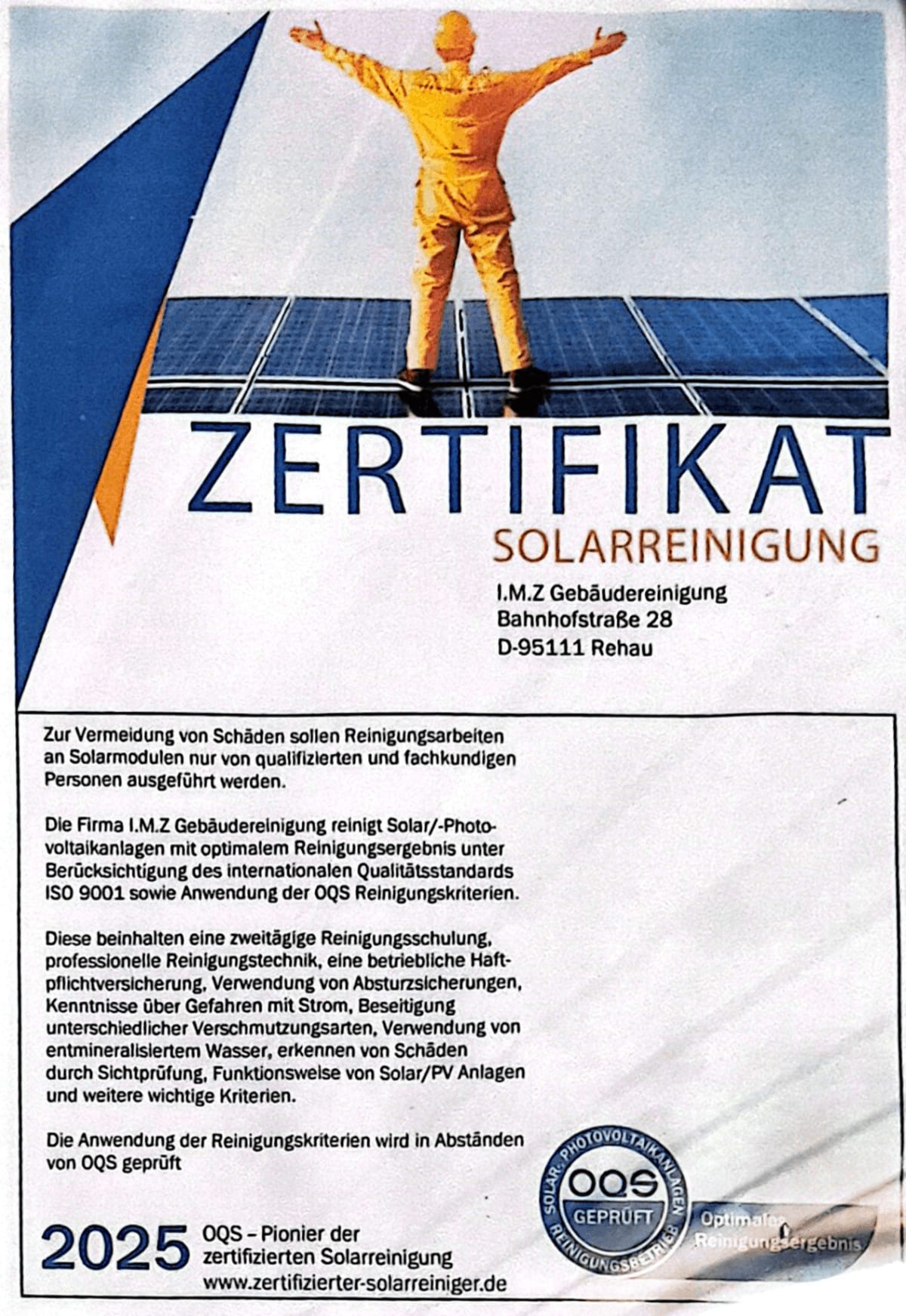 Zertifikat: Solarreinigung von OQS – Zertifizierte Solarreinigung